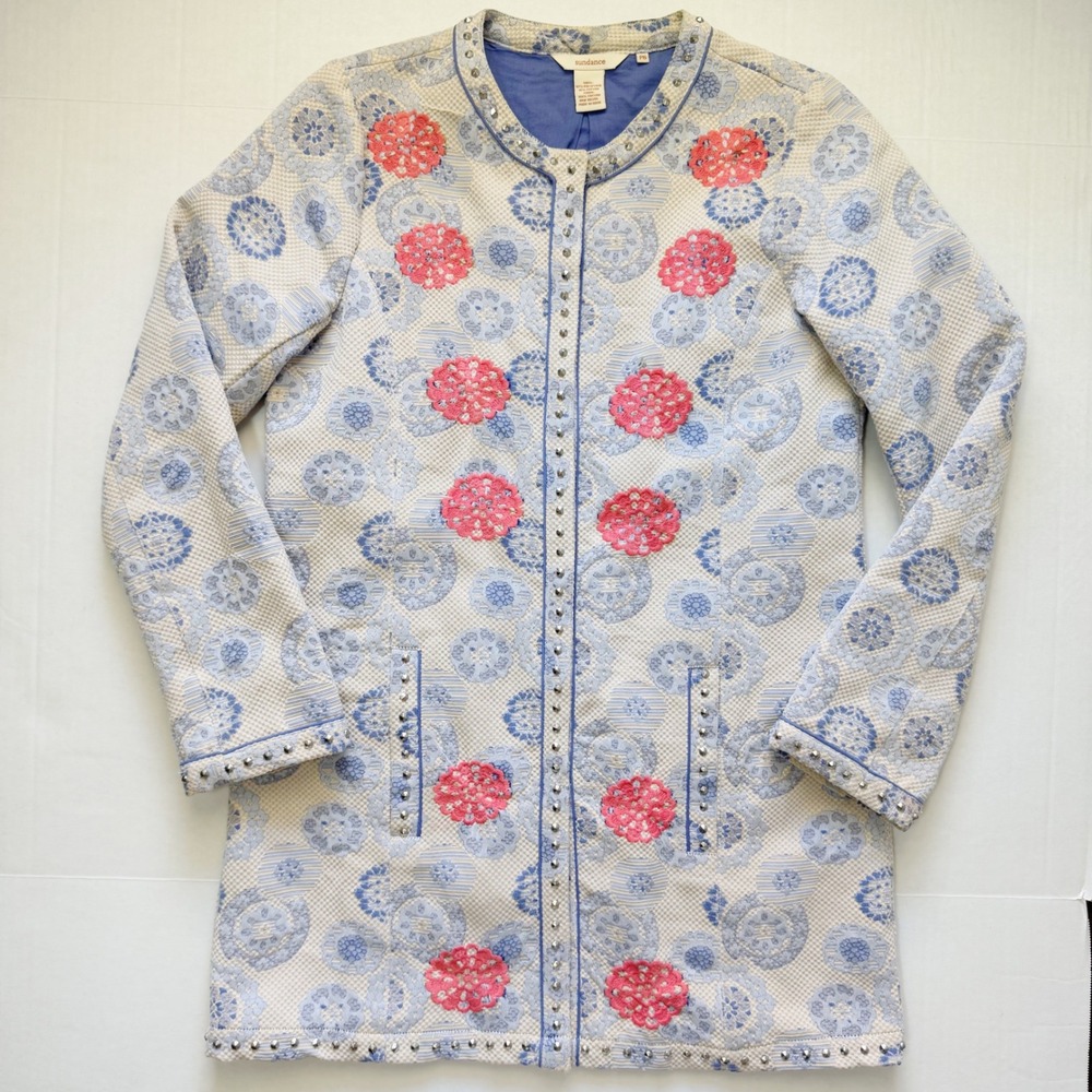 Sundance Embroidered Floral Jacket Studded Trim Long Sleeve Size 6 Petite‎